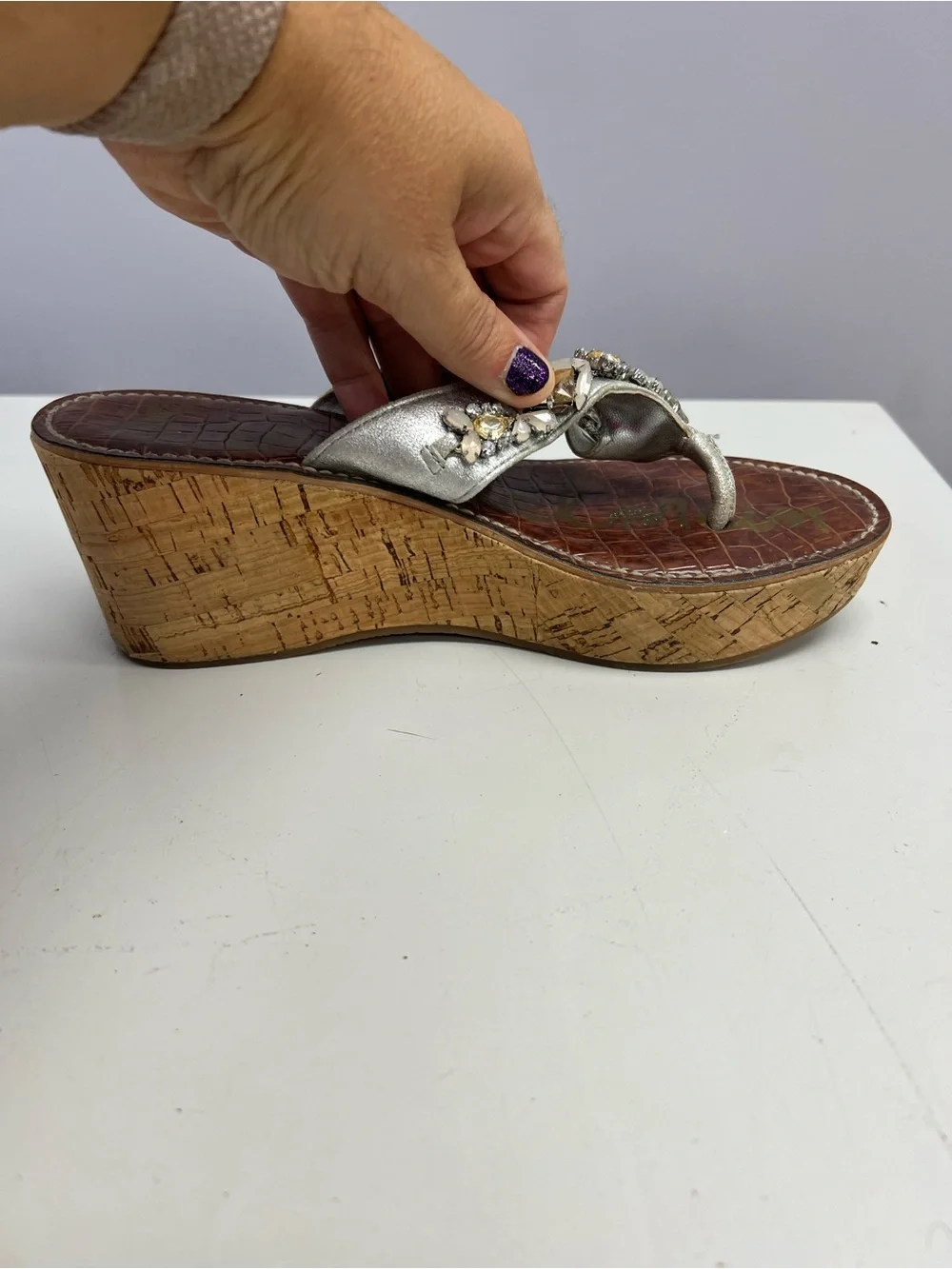 Sam Edelman Silver Jeweled Cork Wedge Thong Sandals Women’s 7.5